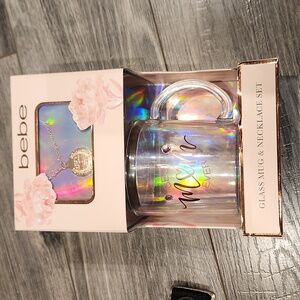 NWT Bebe 16 oz Glass Mug Best Mom Ever & Necklace set